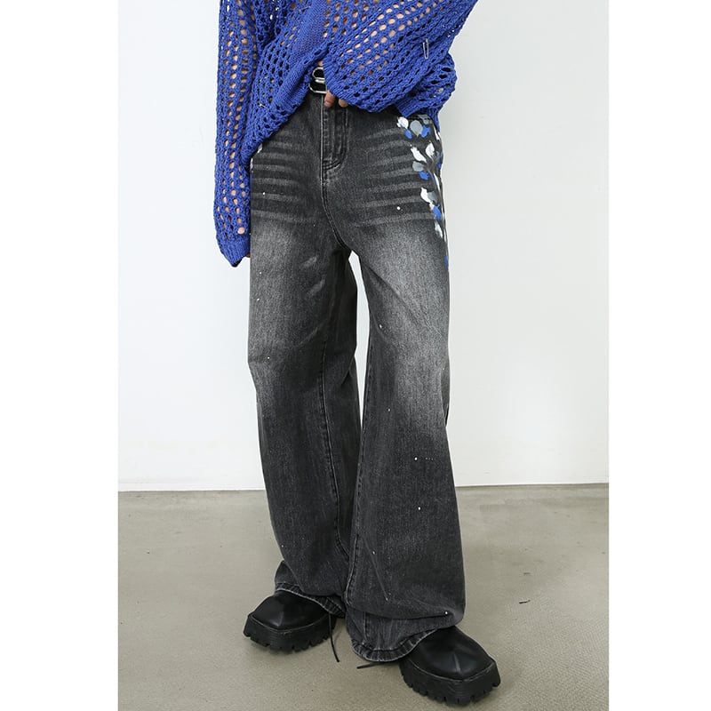 [M7 Series]★Denim Pants★ 2color Pants Bottoms Unisex Men's Graffiti Print Black Blue