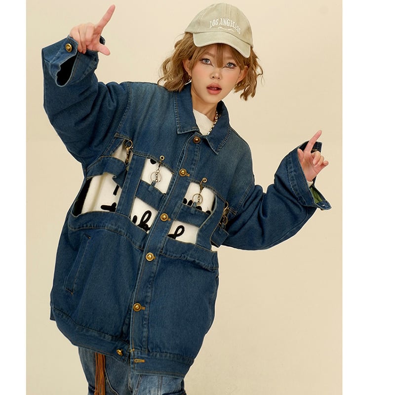 [PMFIVEE Series] ★Jacket★ Outer Denim Jeans Unisex Men's Distressed Stylish