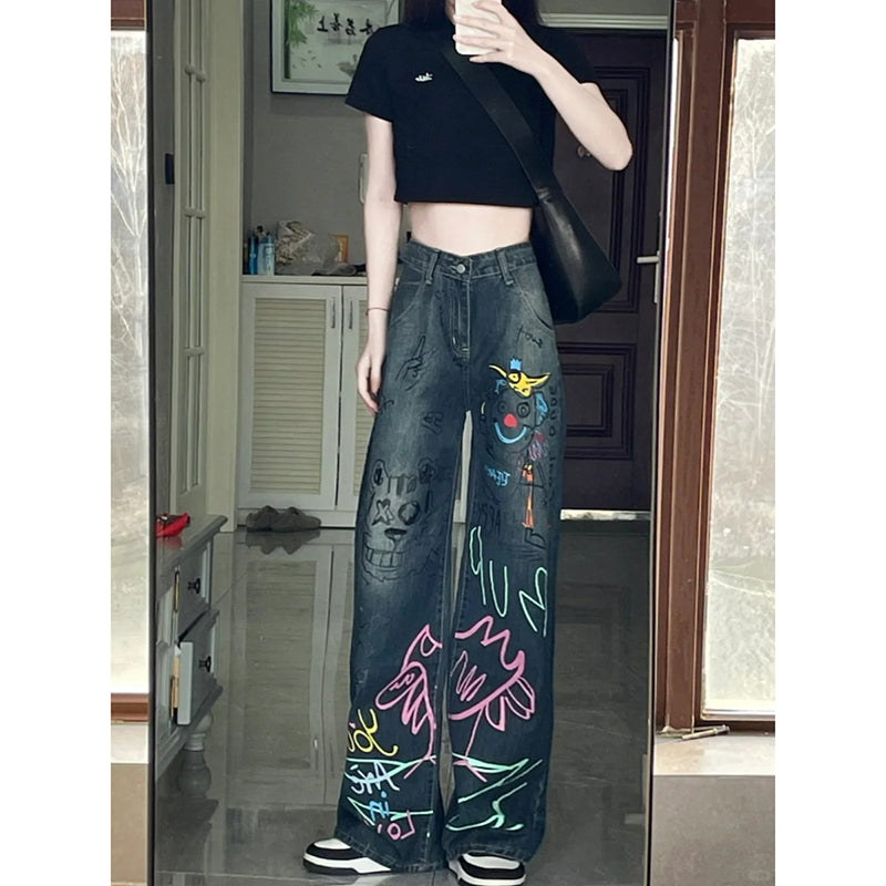 [LINGLING Series] ★Denim pants★ Trousers Bottoms Casual Women's Graffiti Spring/Summer Cute