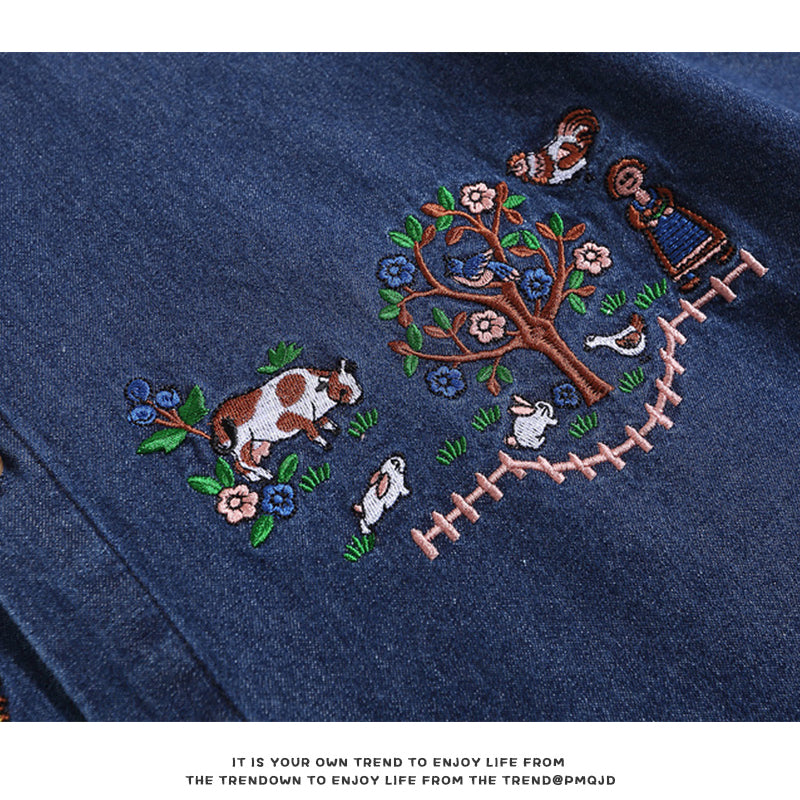 [FANMAN Series] ★Shirt★ Denim shirt, top, short sleeve, embroidery, unisex, men's, women's, blue