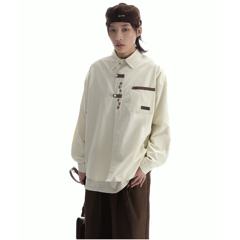 [SAMEUOO Series]★Shirt★ 2color Embroidery Long Sleeve Shirt Tops Unisex Men's Apricot Black