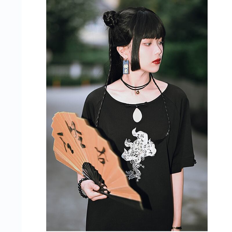 [Kokaisha --- Kirin Series] ★China style top★ T-shirt embroidered cotton Easy to match Black Black