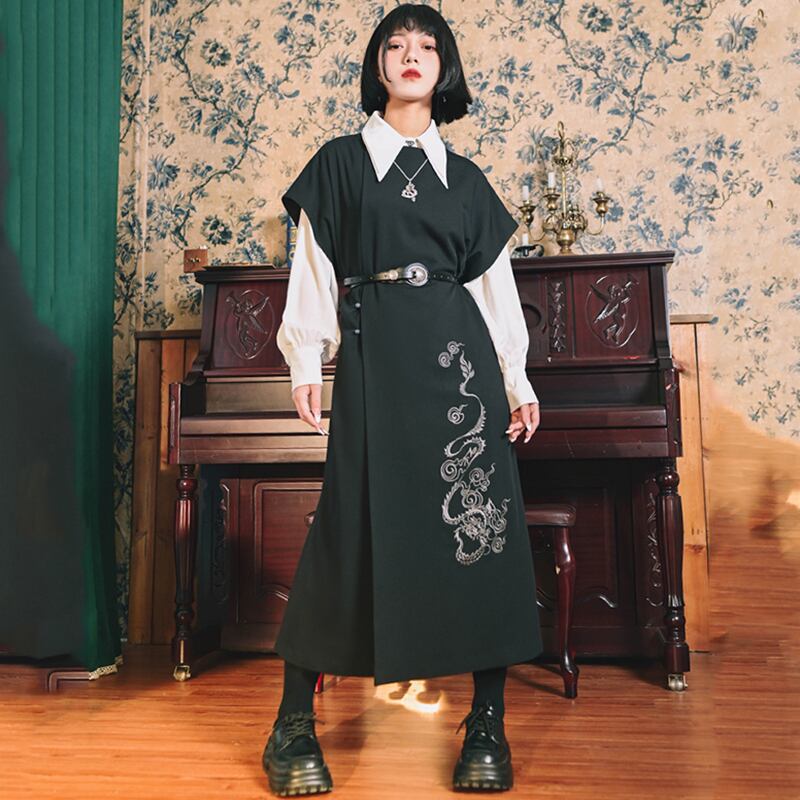 ✿New item! [Old Monster---Tatsuryu Series] ★Chinese style dress★ Sleeveless Hanfu dress Black Black