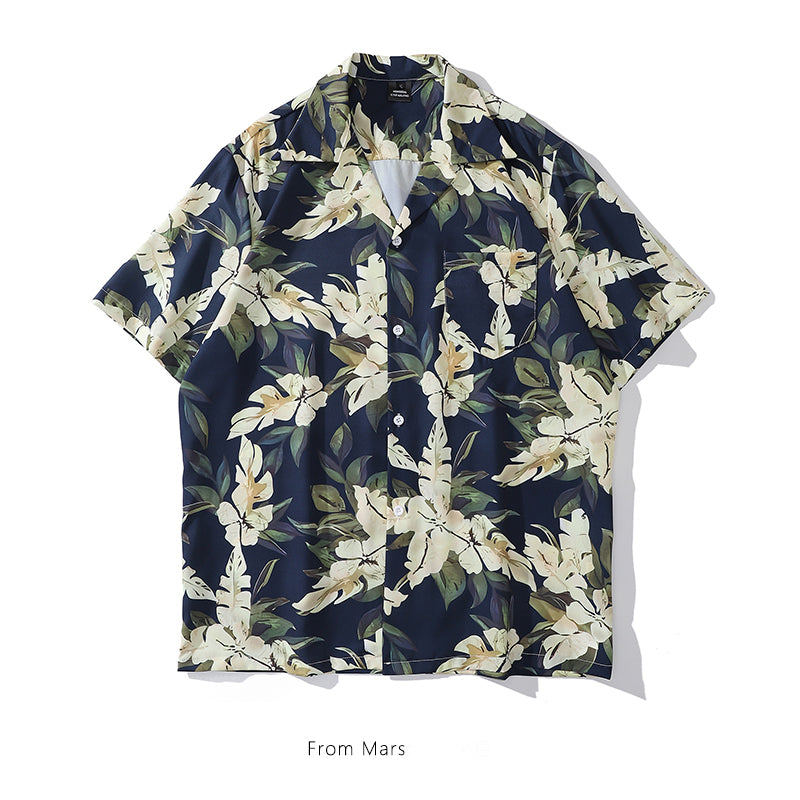 [HTTAOSUP Series] ★Shirt★ Tops, short sleeves, unisex, men's, floral pattern, blue, summer clothing, aloha shirt