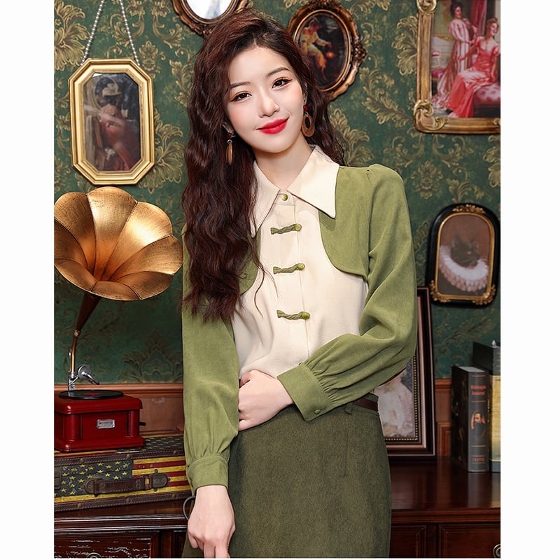 [HQE Series]★China style tops★ Shirt color scheme switching fake layered Chinese button green green