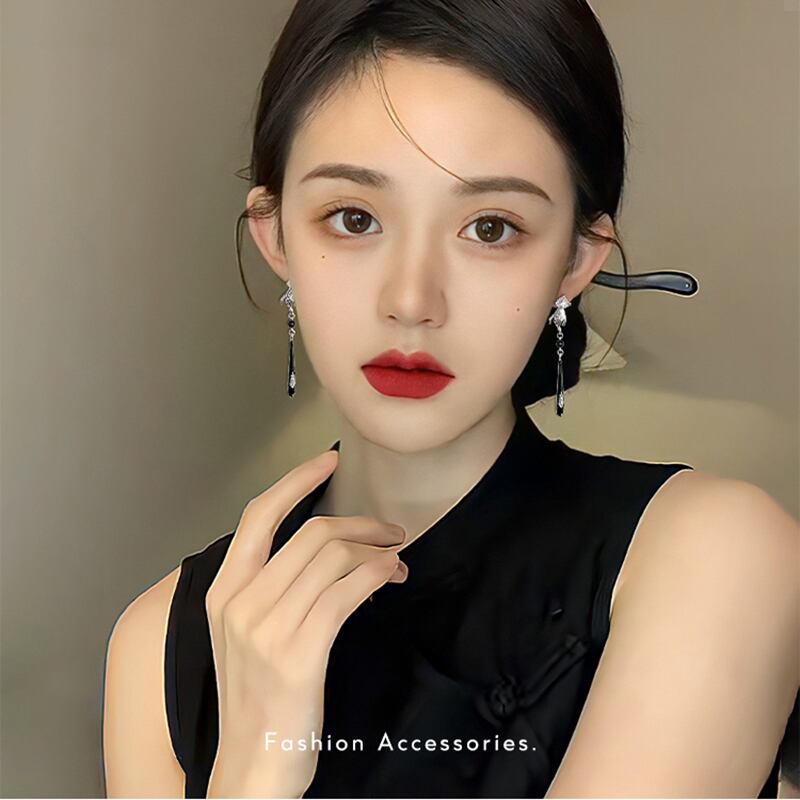 [Picalela Series]★China Style Earring★ Earrings Accessories Women's Long Length Improves Temperament Black