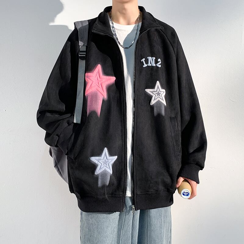 [ZUNKUN series]★Jacket★ 3color outerwear unisex men's suede star pattern brown black green