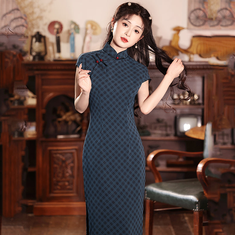 [HLQ Series] ★Chinese Dress★ Chinese-style dress, check pattern, retro, Republic of China style, long length, elegant