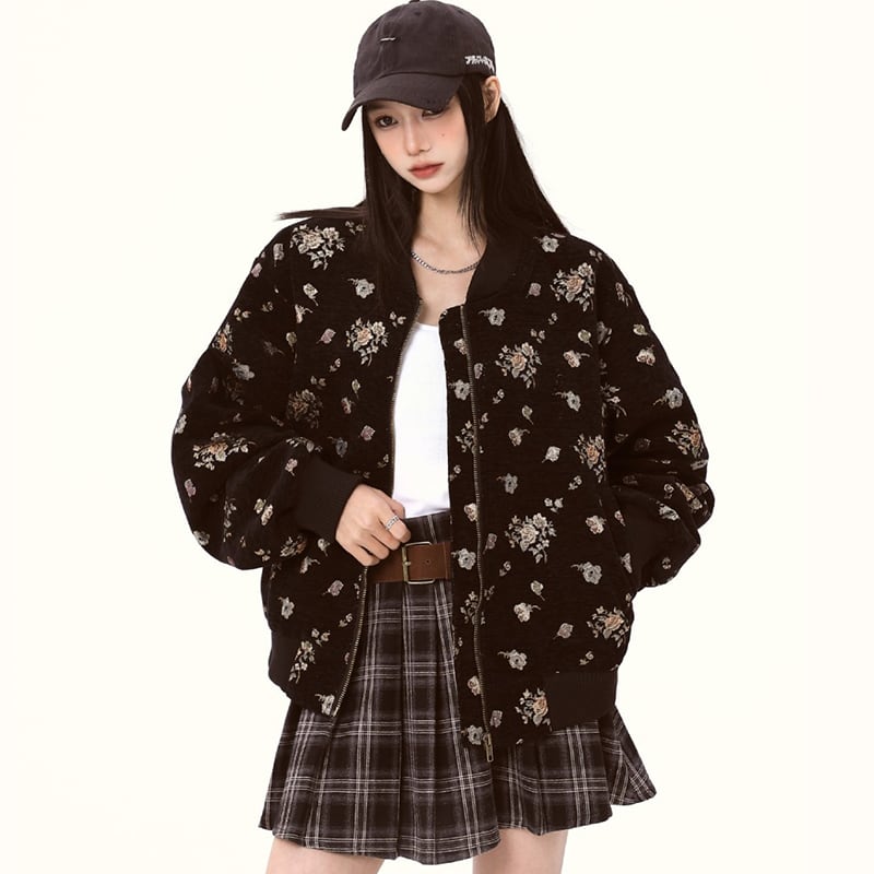 [Fleeing Earth Series]★Jacket★ 2color Outerwear Black Apricot Floral Pattern Ladies Cute