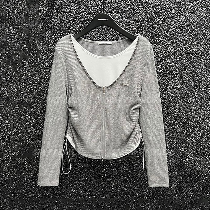 [OHHF Series] ★Tops★ T-shirt Faux Layered V-Neck Gray Gray Improves Temperament Women's