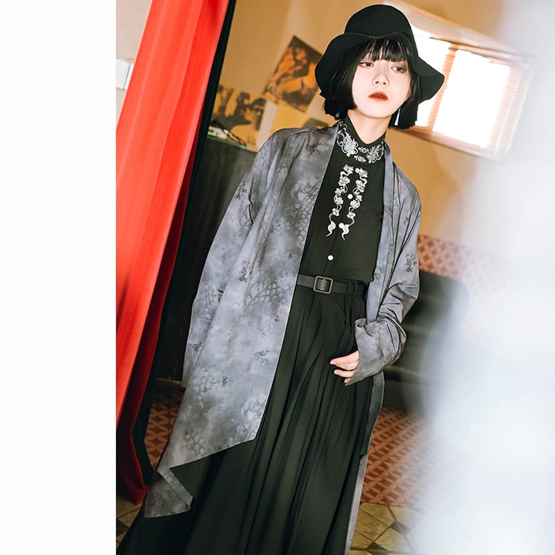 ✿New item! [Kokaisha---Dragon dyeing series] ★China style coat★ Long outerwear, happi coat, outerwear, tie-dye, gray