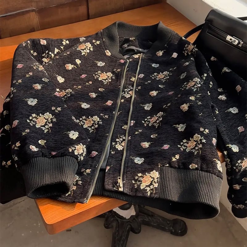 [Fleeing Earth Series]★Jacket★ 2color Outerwear Black Apricot Floral Pattern Ladies Cute