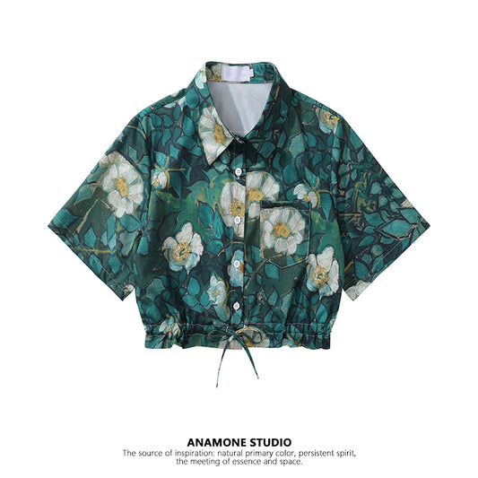 【ANAMONE STUDIOシリーズ】シャツ トップス レディース S M L ショート丈 花柄 グリーン 緑 油絵風