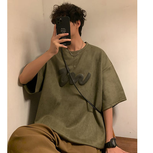 [TUOFEI Series]★T-shirt★ 3color Tops Unisex Men's Short Sleeve Suede Green Black Beige