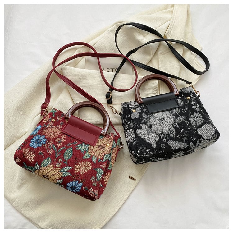 [YUJIAN series]★Bag★ 3color shoulder bag oil painting style floral pattern cute black beige wine red