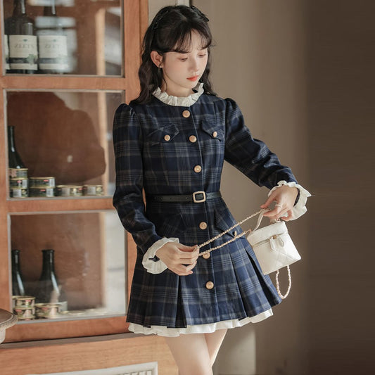 [MEIYI Series] ★One Piece★ Women's Short Length Plaid Pattern Commuting Date Office Lady Navy Improves Temperament