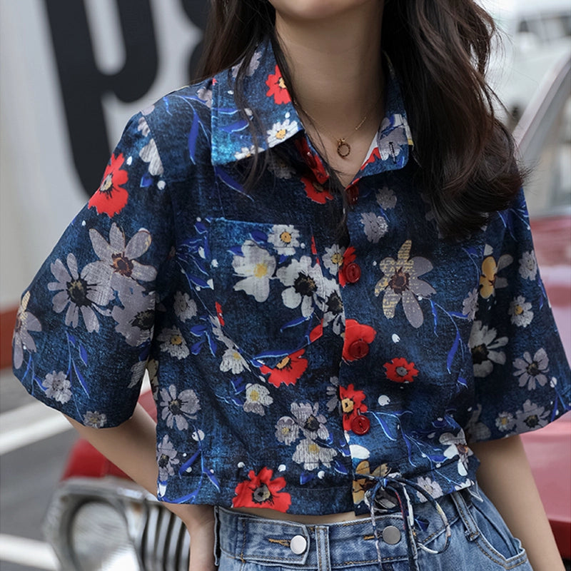 [XINGYOU Series] ★Floral Shirt★ Tops Short Sleeve Shirt SML Short Length Print Navy Floral Cute