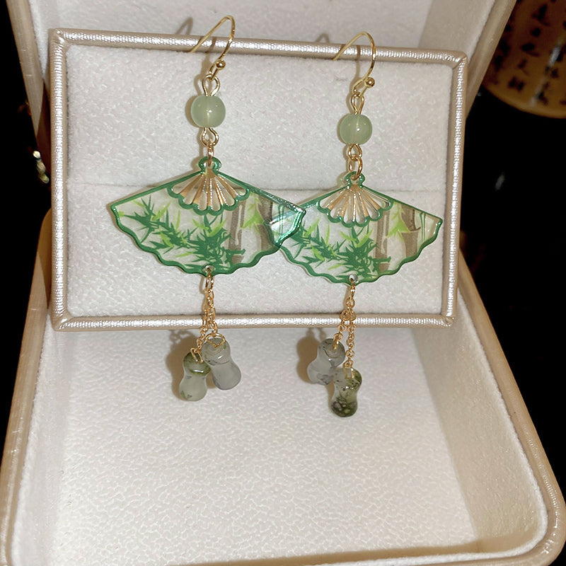 [Drejew Series] ★Chinese-style earrings★ Pair of earrings or earrings, fan, sense, fringe, unique