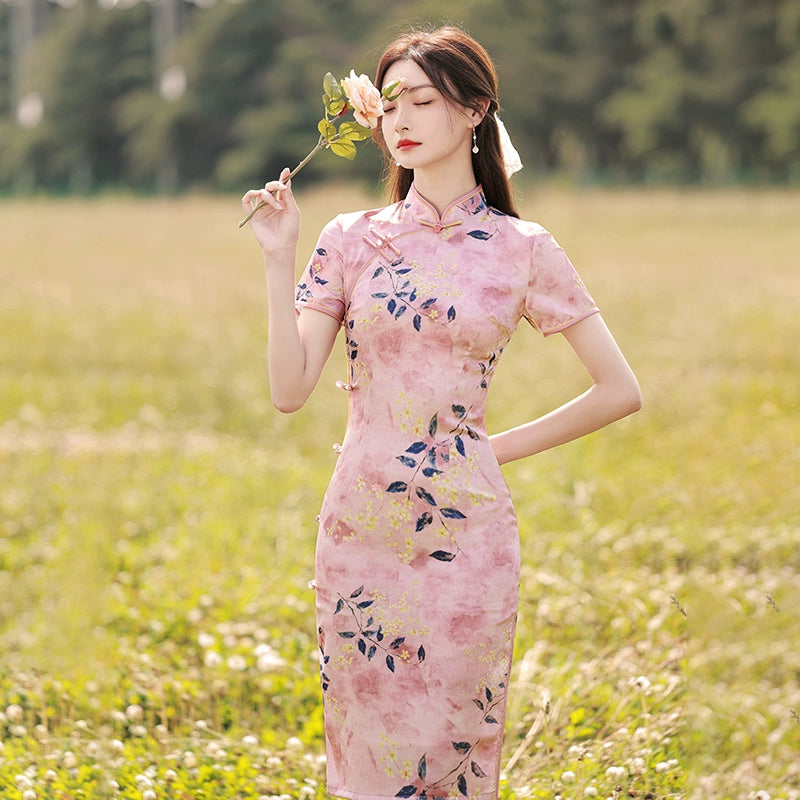 [HLQ Series] ★Chinese Dress★ Chinese-style dress, floral pattern, pink, improves your temperament, gentle pink