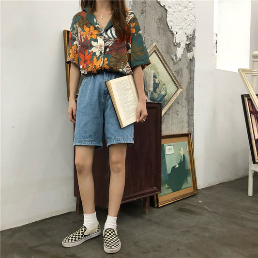 [YOUZI Series] ★Tops★ Shirt, short sleeve, floral pattern, women's, improves temperament, chiffon, thin, summer clothes, easy to match