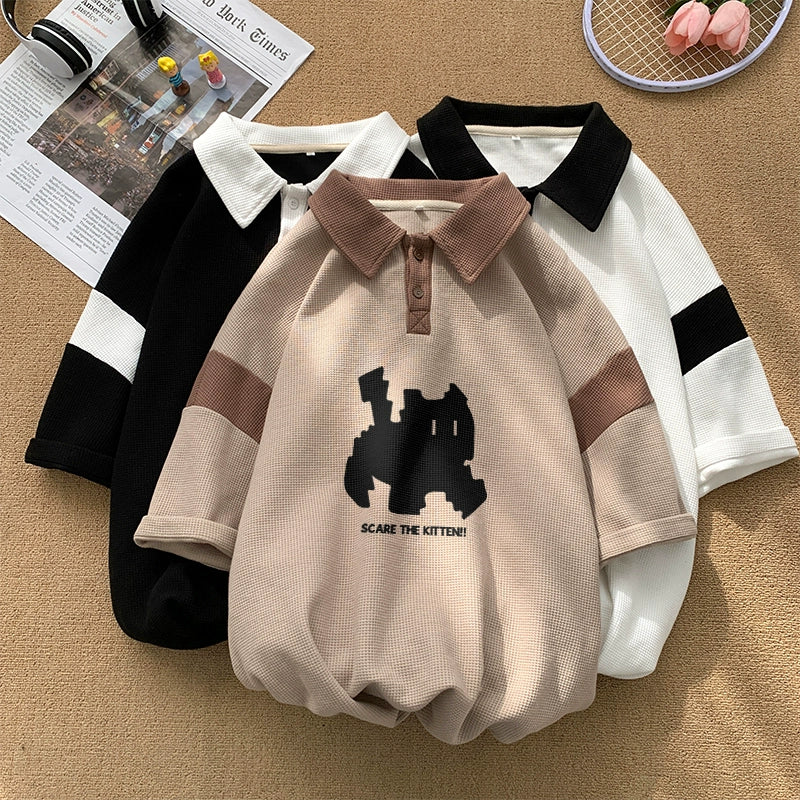 【PLQVシリーズ】★POLOシャツ★ 3color トップス 半袖 男女兼用 メンズ 猫 ねこ ネコ ブラック ホワイト カーキブラウン