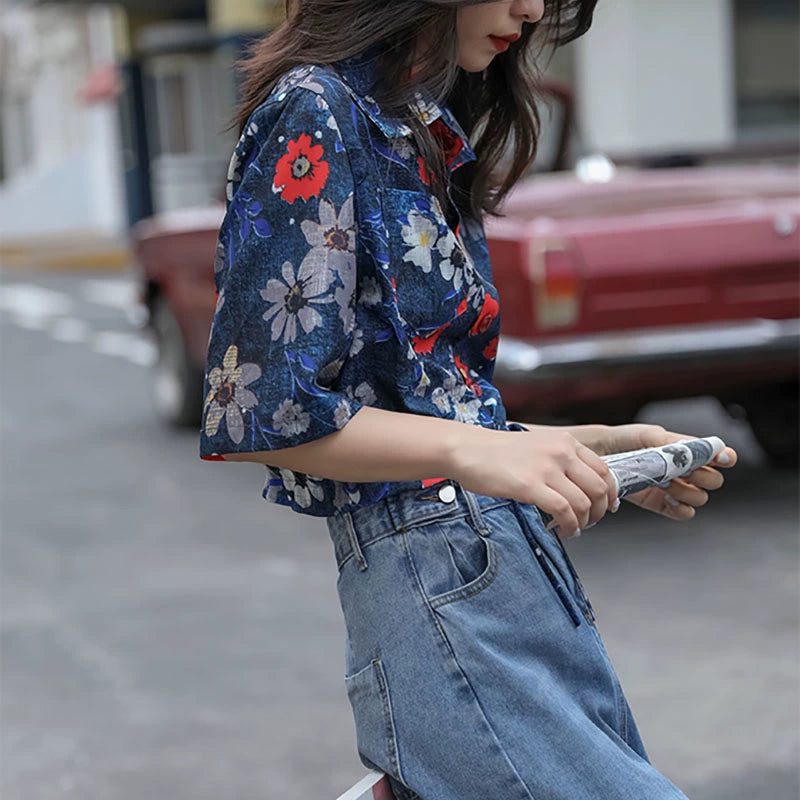 [XINGYOU Series] ★Floral Shirt★ Tops Short Sleeve Shirt SML Short Length Print Navy Floral Cute