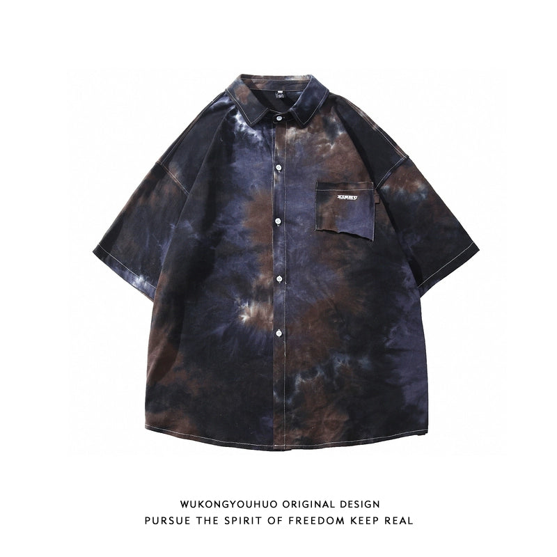 [WUKONG Series] ★Shirt★ 2 colors Tops Short sleeve Unisex Men's Tie-dye Blue Black