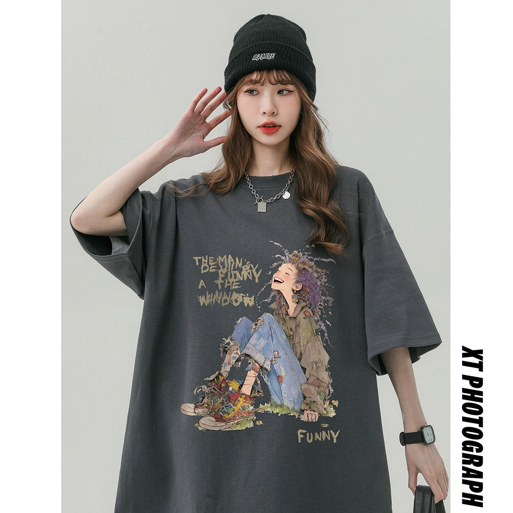 【藤伊曼シリーズ】★Tシャツ★ 5color トップス 半袖 男女兼用 メンズ コットン 可愛い カジュアル