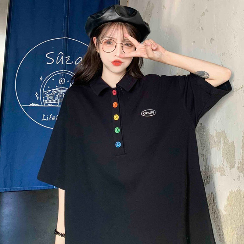 【YIYIシリーズ】★POLOシャツ★ 2color Tシャツ トップス 半袖 大きいサイズ ゆったり ブラック ホワイト