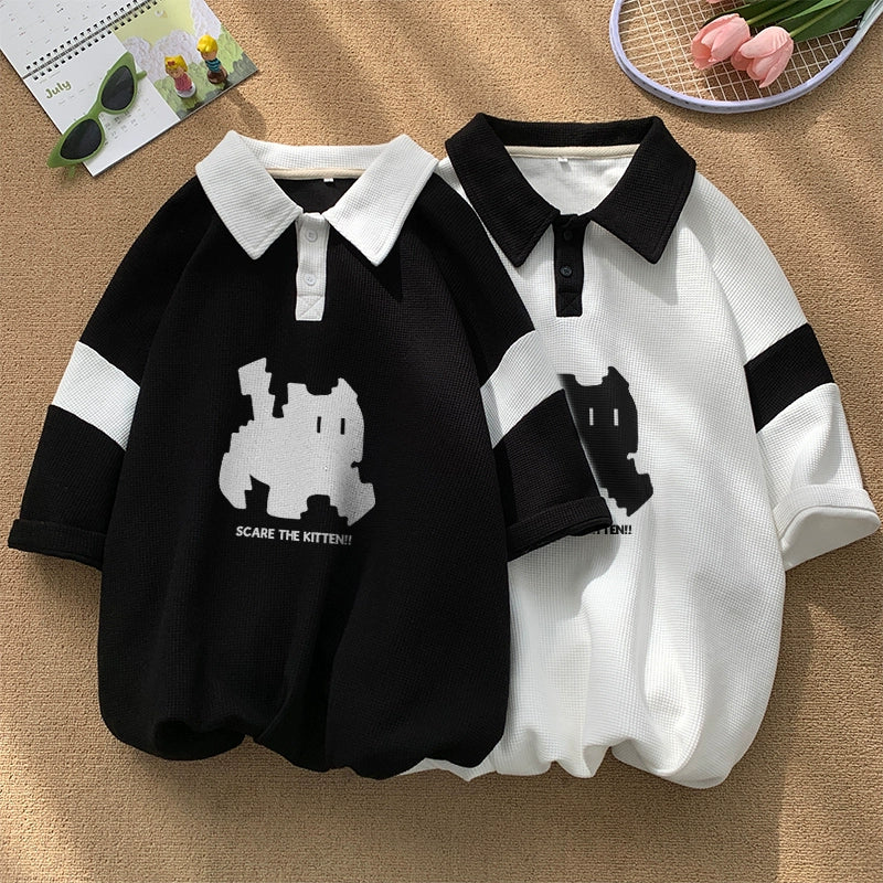 【PLQVシリーズ】★POLOシャツ★ 3color トップス 半袖 男女兼用 メンズ 猫 ねこ ネコ ブラック ホワイト カーキブラウン