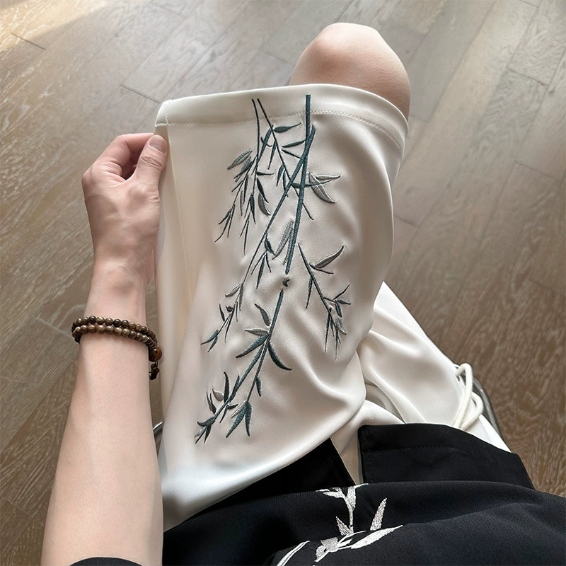 【BIGEMANシリーズ】★チャイナ風ズボン★ 2color 刺繍 竹 短パン ボトムス ショートパンツ 男女兼用 メンズ ブラック ホワイト