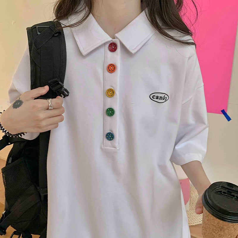 【YIYIシリーズ】★POLOシャツ★ 2color Tシャツ トップス 半袖 大きいサイズ ゆったり ブラック ホワイト