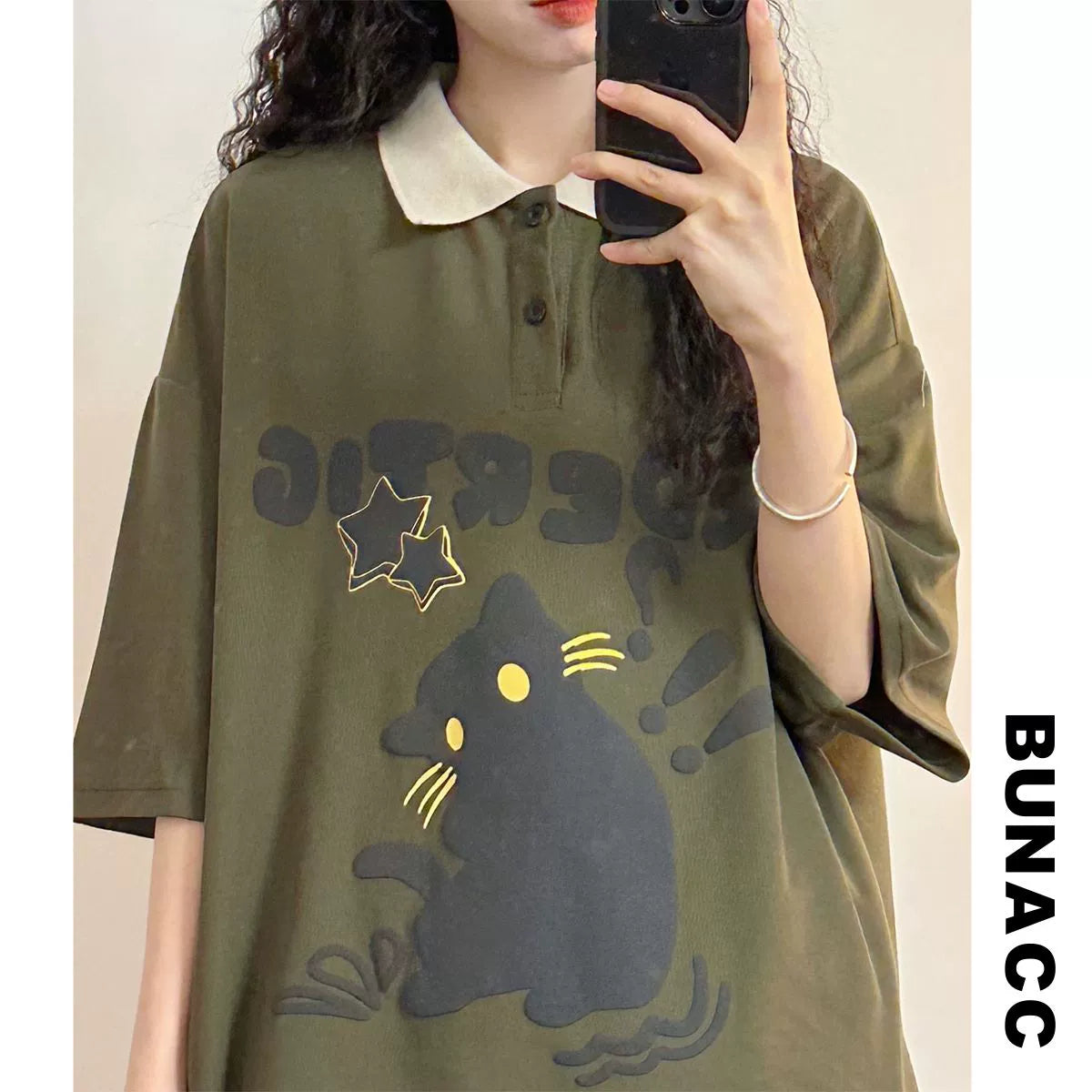 【BUNACCシリーズ】★POLOシャツ★ 2color トップス 半袖 男女兼用 メンズ 猫 ねこ ネコ ホワイト グリーン