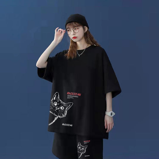 【GEBIシリーズ】★セットアップ★ Tシャツ+短パン 3color 男女兼用 メンズ 猫 猫柄 ネコ ねこ 黒 灰 アプリコット