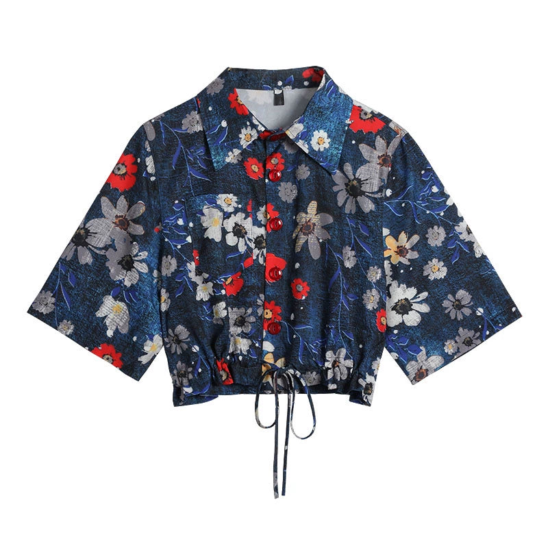 [XINGYOU Series] ★Floral Shirt★ Tops Short Sleeve Shirt SML Short Length Print Navy Floral Cute