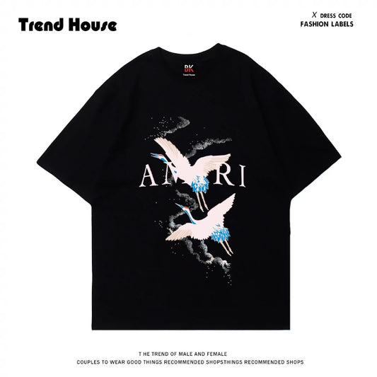 【Houseof Phsシリーズ】★Tシャツ★ 2color トップス 半袖 男女兼用 メンズ レディース 鶴 鶴柄 コットン