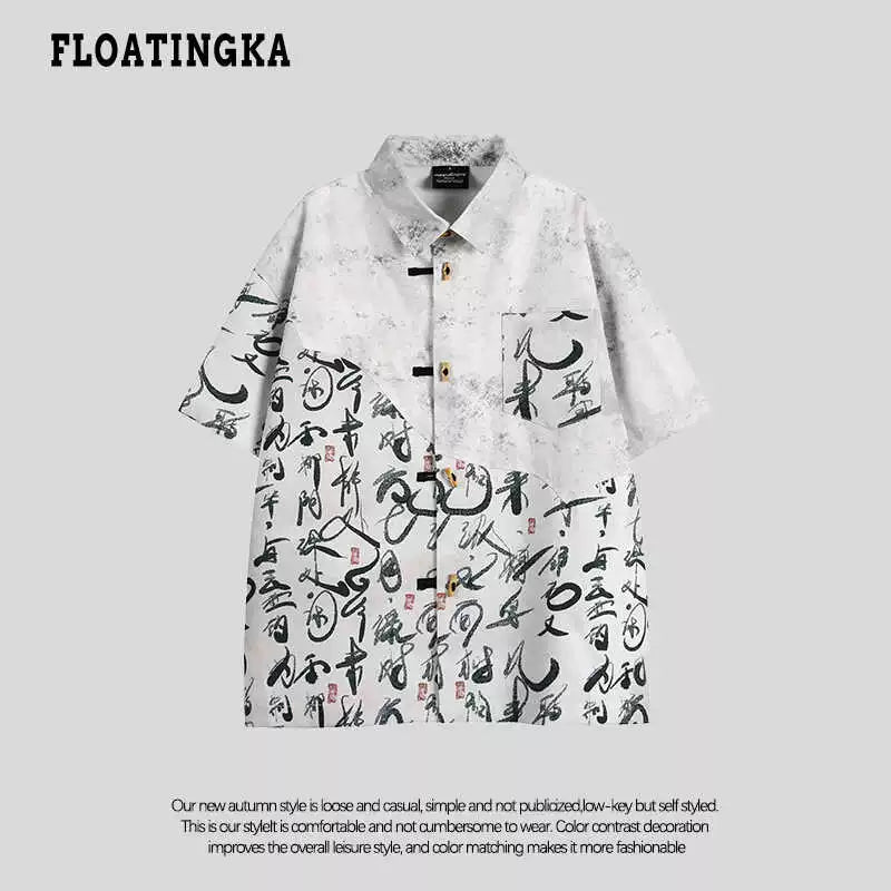 【FLOATINGKAシリーズ】★チャイナ風トップス★ 2color トップス 半袖夏服 男女兼用 メンズ 文字