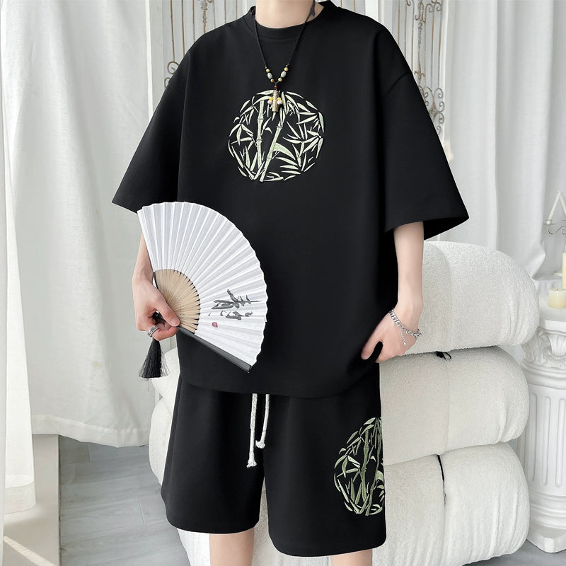 [BIGEMAN Series] Chinese-style set-up, T-shirt + shorts, 2 colors, embroidery, unisex, men's, large size, cool, casual