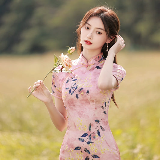 [HLQ Series] ★Chinese Dress★ Chinese-style dress, floral pattern, pink, improves your temperament, gentle pink