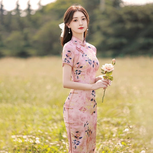 [HLQ Series] ★Chinese Dress★ Chinese-style dress, floral pattern, pink, improves your temperament, gentle pink