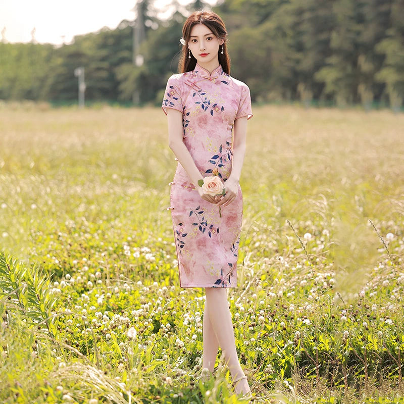 [HLQ Series] ★Chinese Dress★ Chinese-style dress, floral pattern, pink, improves your temperament, gentle pink