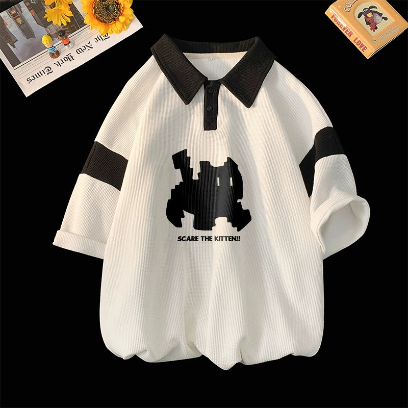 [PLQV Series] ★POLO shirt★ 3 colors Tops Short sleeve Unisex Men's Cat Black White Khaki Brown