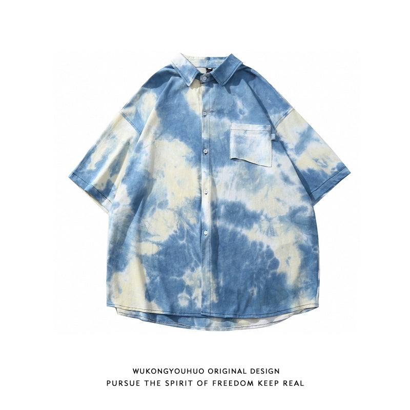 [WUKONG Series] ★Shirt★ 2 colors Tops Short sleeve Unisex Men's Tie-dye Blue Black