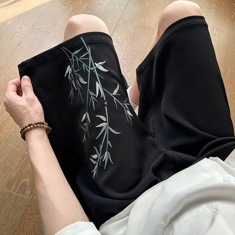 [BIGEMAN Series] ★Chinese-style pants★ 2 colors Embroidered bamboo shorts Bottoms Short pants Unisex Men's Black White