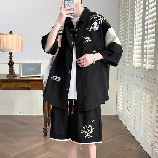 [WUSHE Series] ★Chinese style set up★ 3 colors Shirt + shorts Unisex Men's Large size Cool