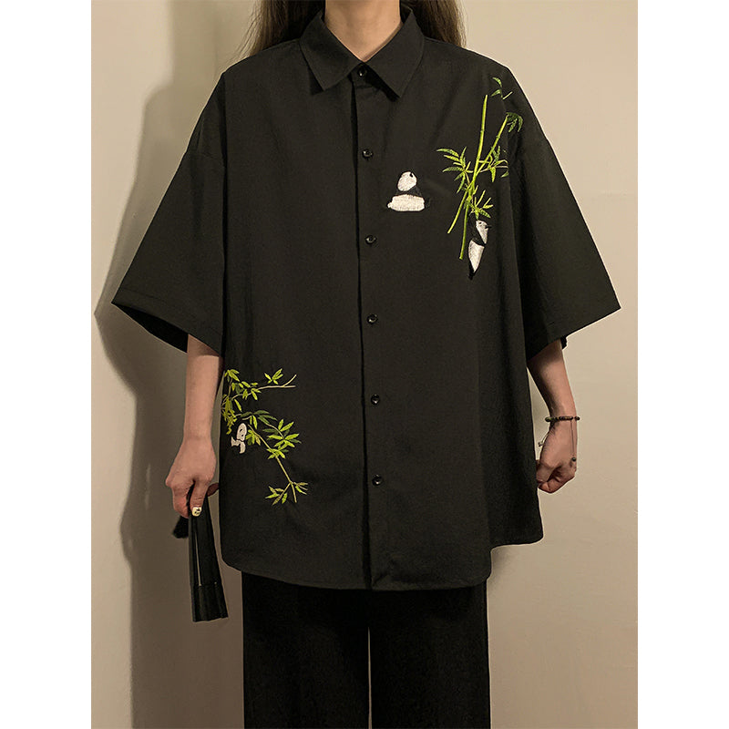 [SENSU series] ★Chinese style shirt★ 2 colors Tops Short sleeve shirt Unisex Men's Large size Panda Bamboo Embroidery Cool Summer clothes Black White