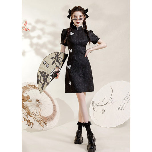 [HANYUNSHI Series]★Cheongsam dress★ Chinese style dress, short sleeves, short length, cute, butterfly