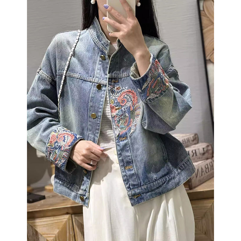 [AILAIQIAN Series]★China style outerwear★ Jacket Denim jacket Embroidery Jeans Blue Blue