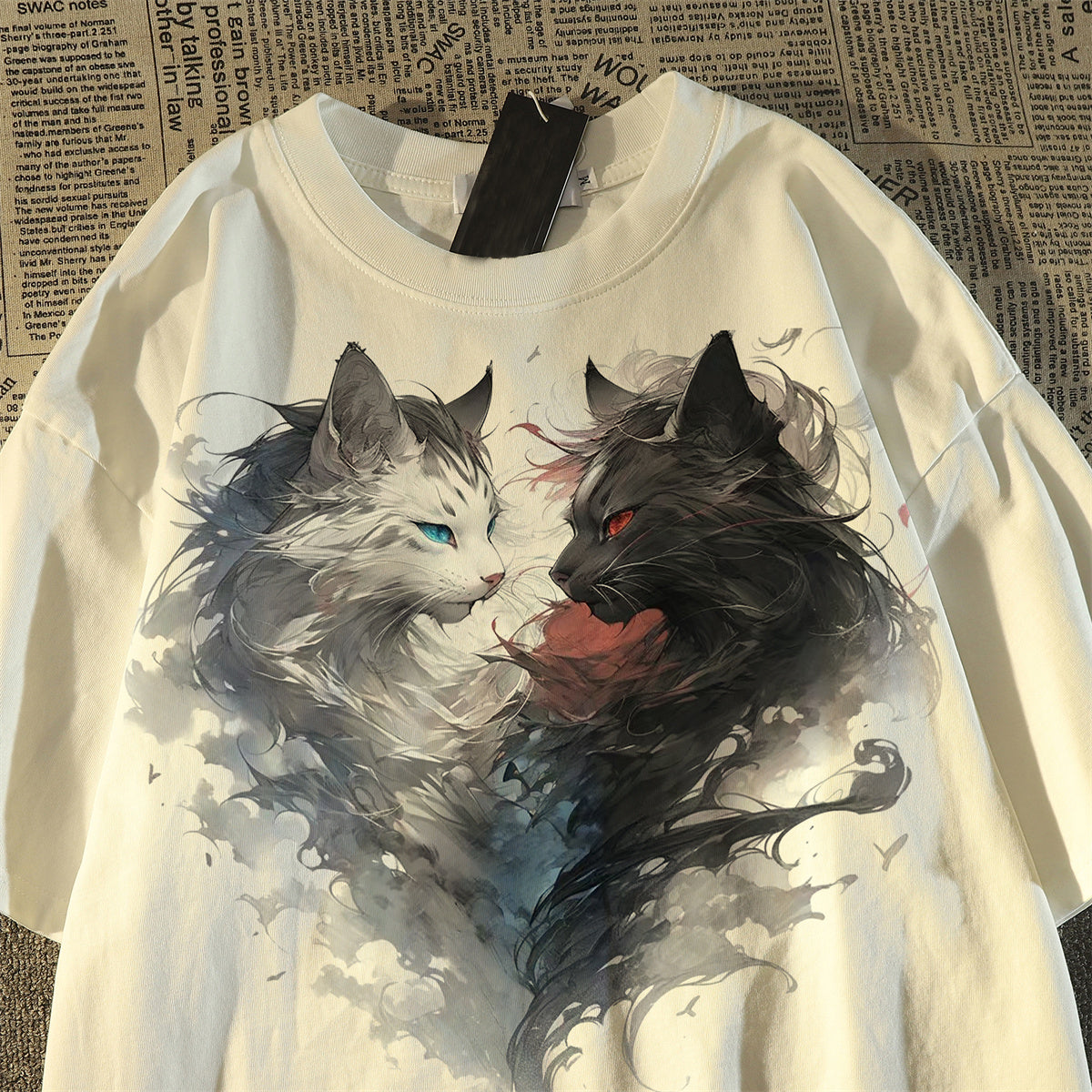 【DENGFUYUNシリーズ】★Tシャツ★ 3color トップス 半袖 男女兼用 メンズ コットン 猫 ネコ ねこ 黒 白 灰