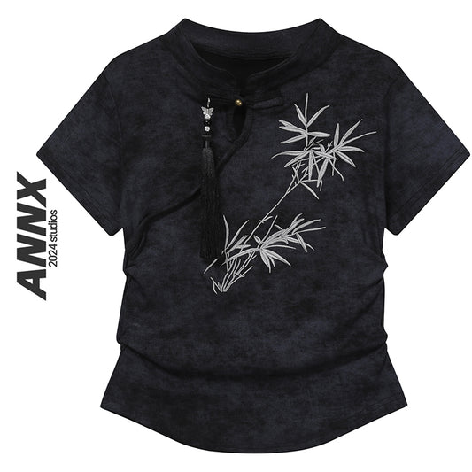 [ANNX Series]★Chinese T-shirt★ 2color Tops Women's Chinese Clothes Improves Temperament Embroidery Black White